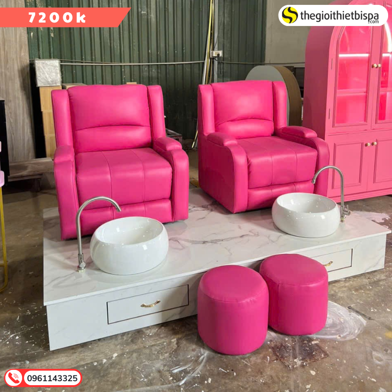 Ghế nail đôi bọc da Hồng